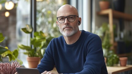 Middle-aged man with glasses works on a tablet surrounded by greenery in a cozy indoor space