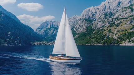 Naklejka premium Sailing yacht cruises through fjord, mountains backdrop. Travel brochure