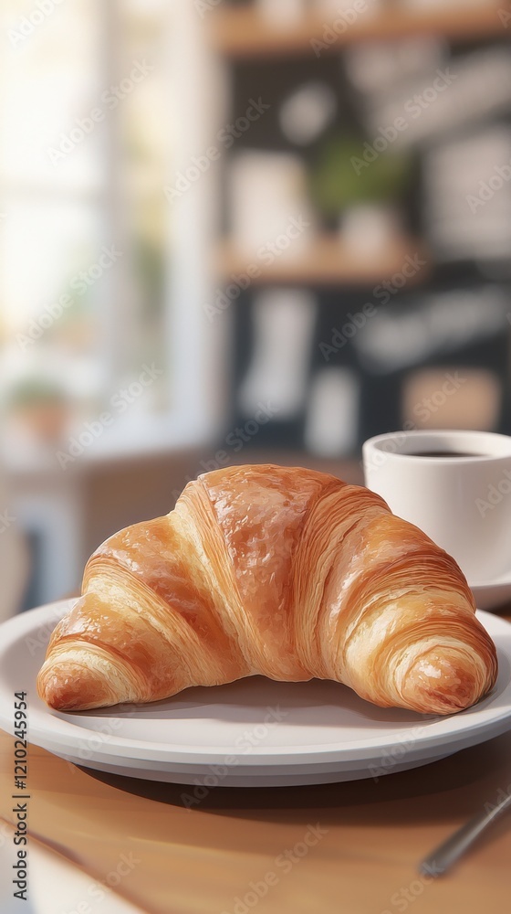 Poster close-up of a fresh golden croissant served on a plate with a steaming cup of coffee in a cozy cafe 