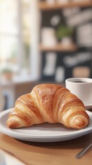 Close-up of a fresh golden croissant served on a plate with a steaming cup of coffee in a cozy cafe setting