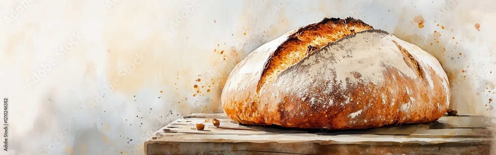 Poster freshly baked artisanal bread resting on a rustic wooden surface with a soft watercolor background