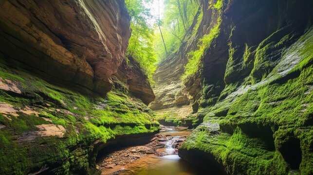 a narrow canyon with a stream running through it