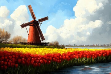 Bright netherland landscape with a windmill and colorful tulips.
