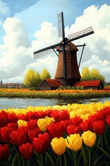 Bright netherland landscape with a windmill and colorful tulips.
