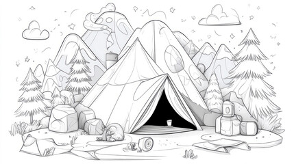 Enchanted Mountain Campsite: A whimsical illustration of a tent nestled amidst stylized mountains, pine trees, and whimsical elements.