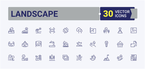 Landscape lined icons set. Includes icons for canyon, landscape, sky, cliff, house, tree, rest, nature. Simple line vector. Vector icons editable stroke.