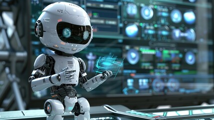 Fototapeta premium Innovative Insights: Futuristic AI Robot's Interaction with Digital Interface and Its Impact