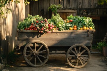 A rustic wooden farm cart loaded with freshly picked crops.