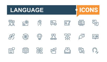 Language icon set. Contains such icons as dialogue, talk, pronunciation, vocabulary, international, foreign and more. Thin UI icon design. Editable vector stroke.