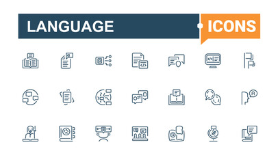 Language icon set. Contains such icons as dialogue, talk, pronunciation, vocabulary, international, foreign and more. Thin UI icon design. Editable vector stroke.