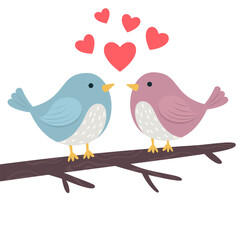 Two Birds On Branch. Valentines Day Card. Vector Illustration