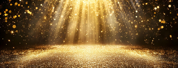 Golden glitter stage, spotlight, bokeh