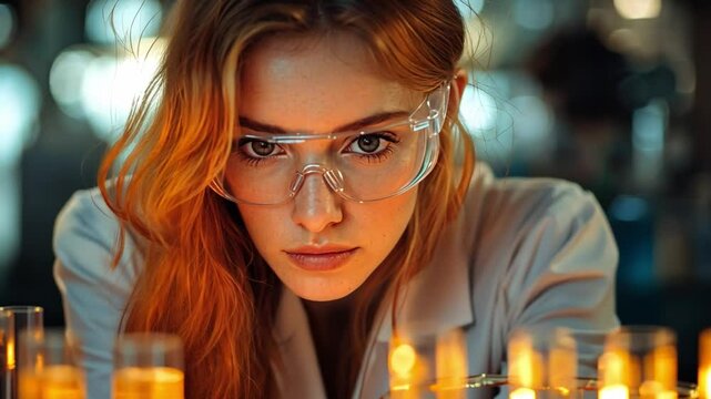 Focused Determination:  A young female scientist in a white lab coat, safety goggles, and focused gaze peers intently at a row of beakers filled with glowing orange liquids.