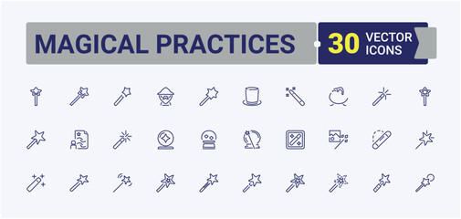 Magical Practices icon set. Includes thin line spell, magic, witch, web, crystal, craft, entertainment and more. Outline symbol collection. Editable stroke. Vector illustration.