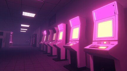 Retro Arcade Corridor Row of Vintage Pink Neon Video Game Machines