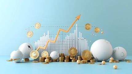 Striking abstract financial design featuring a 3D chart golden coins and a sleek upward arrow on a vibrant blue background representing the concept of growth investment and economic progress