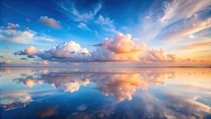 Serene Sunset Reflection A Picturesque Panorama of Calm Waters and Colorful Clouds