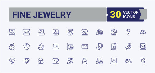 Set of Fine Jewelry line icons. Containing magnifying glass, element, gold, jewel, gift and more. Pixel perfect. Vector icons editable stroke.