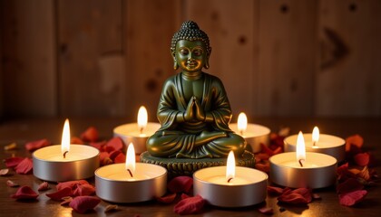 Buddha statue surrounded by tea lights and petals, meditative serenity