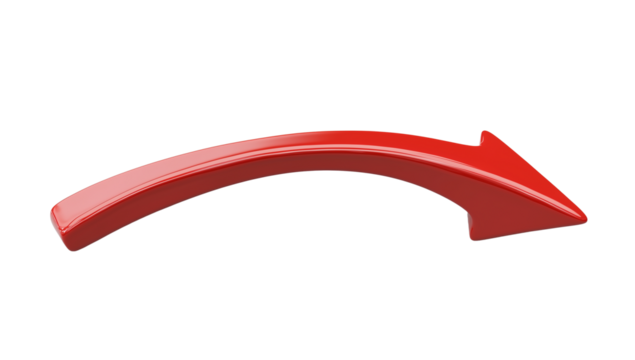 3D red curved arrow, isolated on transparent background