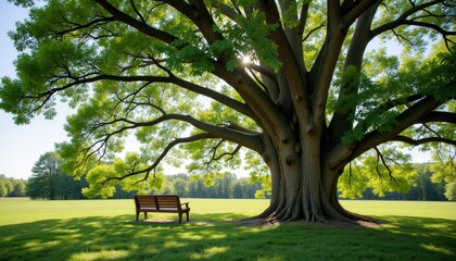 Tranquil bench under majestic tree in sunny park, nature's embrace
