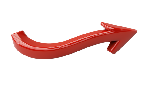 3D red curved arrow, isolated on transparent background