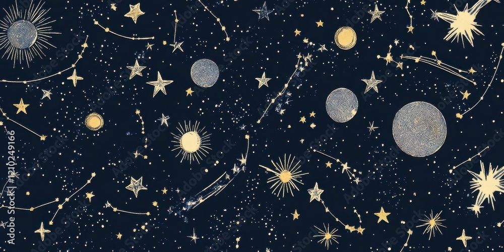 Poster celestial texture featuring stars, planets, and constellations against a dark background in a whimsi