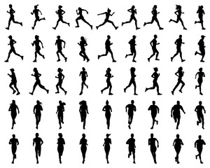 Black silhouettes of runners on a white background	