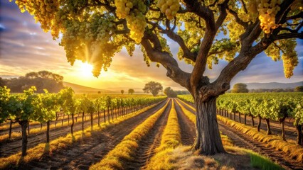 Fototapeta premium Golden Hour Vineyard Landscape Rows of grapevines bathed in the warm glow of the setting sun, a majestic tree in the foreground, showcasing the beauty of agricultural land.