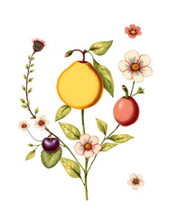 Fruit and flower vintage set hand drawn illustration, isometry, with white tones