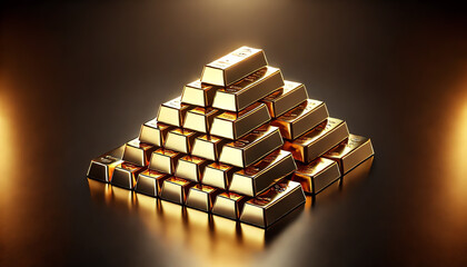 A pyramid of gold bars with a wider base neatly stacked on a reflective black surface