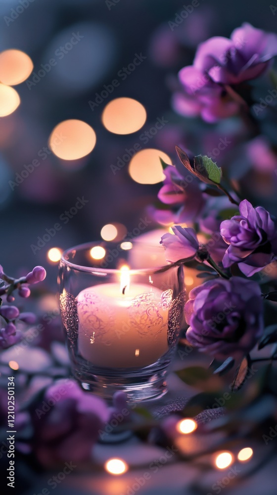 Aufkleber Deep plum and soft lilac bokeh lights create a serene atmosphere with glowing candles and floral arrangements