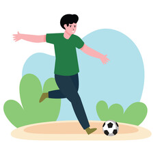 Obraz premium A man in a green t-shirt is kicking a soccer ball on a field with blue sky background