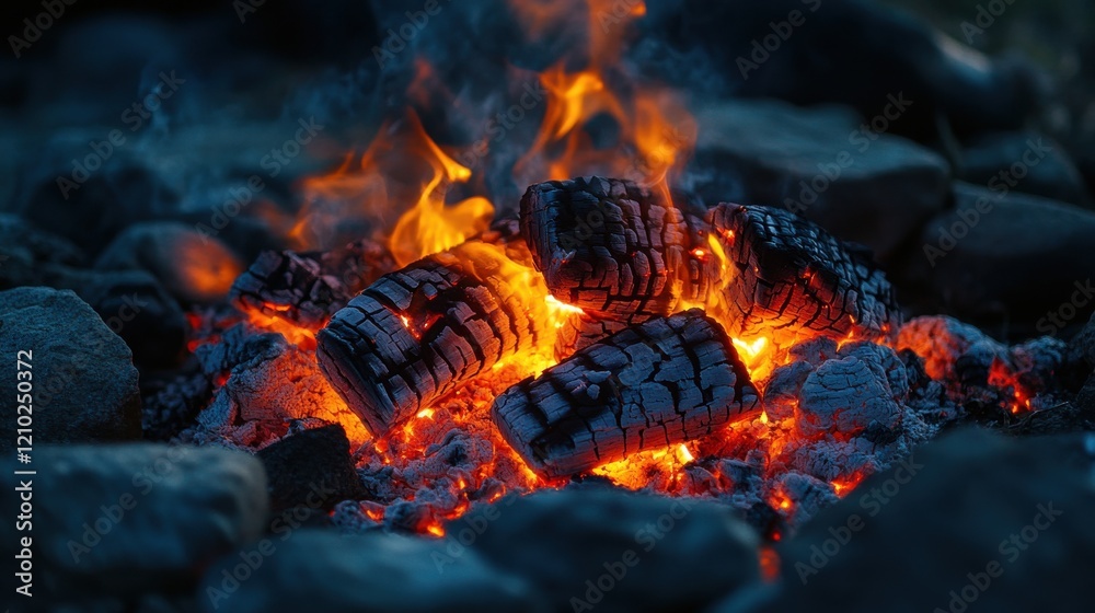 Poster Bold orange and dark red bokeh lights create a warm atmosphere around glowing embers and charcoal in a cozy outdoor setting at night