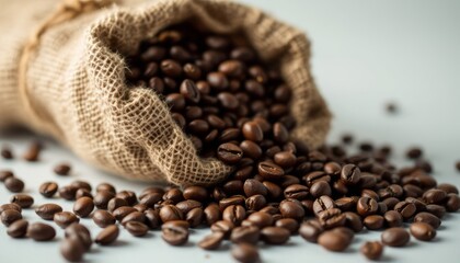 Fototapeta premium Close-up of a burlap sack spilling roasted coffee beans on a light surface