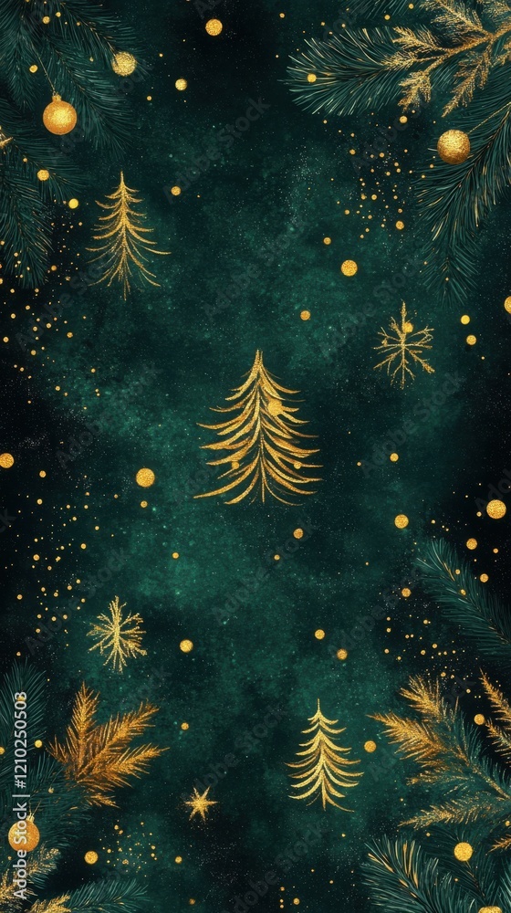 Aufkleber bright golden sparkles blend into a dark green backdrop with christmas elements, creating a festive 