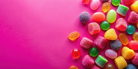 Obraz premium A vibrant assortment of colorful candies and gummy sweets on a pink background, perfect for a sweet treat or confectionery advertisement