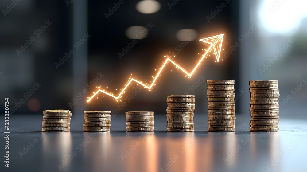 Poster conceptual image depicting business growth and financial success with stacks of golden coins and a g