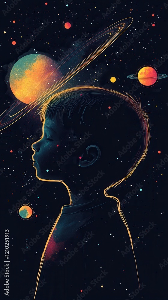 Poster vibrant representation of a child dreaming in a cosmic landscape with planets and stars in the backg