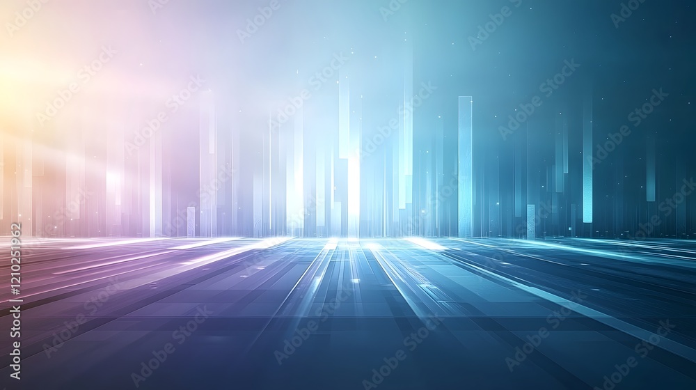 Poster Serene and tranquil abstract background featuring a vibrant gradient of purple blue and teal colors with soft glowing light rays and delicate shadows creating a futuristic digital
