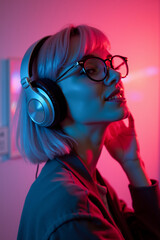 Vibrant night club party featuring white woman DJ wears glasses and headphones immersed in colorful neon lights