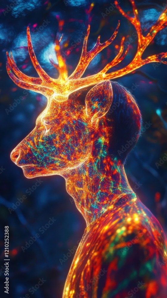 Aufkleber Vibrant depiction of a man's profile with glowing deer features in a surreal forest setting during twilight