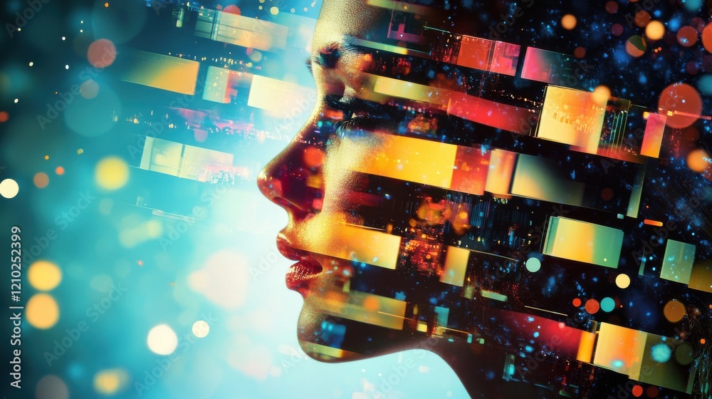 Poster dynamic visualization of a filmmaker's face with vibrant colors and abstract patterns representing c