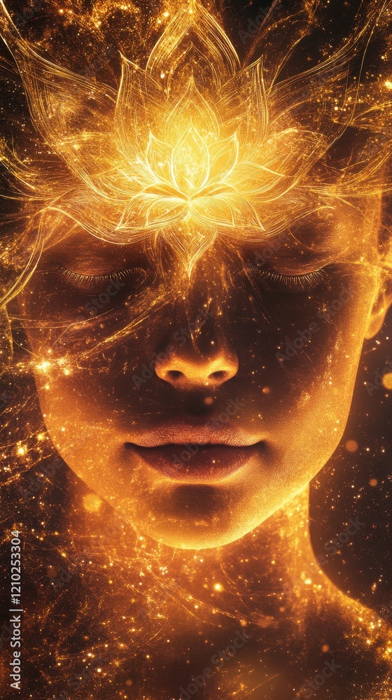 Poster surreal woman's face illuminated by glowing patterns and a lotus flower during a mystical dreamlike 