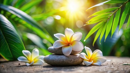 A serene Zen stone nestled among frangipani flowers in a lush garden, its weathered surface reflecting the warmth of the tropical sun, calming atmosphere, natural beauty