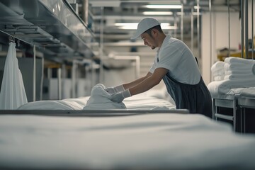 Asian male adult in industrial laundry setting folding linens
