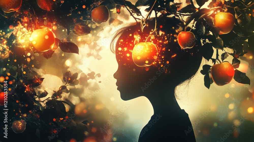 Poster surreal portrait showcasing a child's silhouette surrounded by luminous apples under enchanting colo