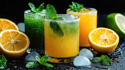 Refreshing citrus cocktails with mint, ice, and oranges