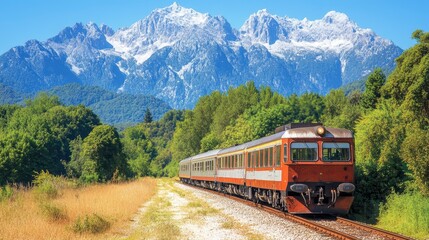 Obraz premium Scenic Train Journey Through Mountainous Landscape Rail Travel in Nature