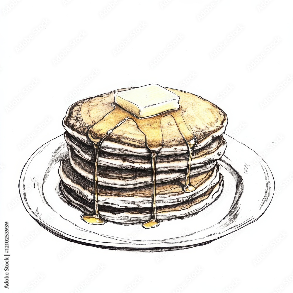 Aufkleber stack of fluffy pancakes with melting butter and syrup served on a white plate for breakfast enjoyme